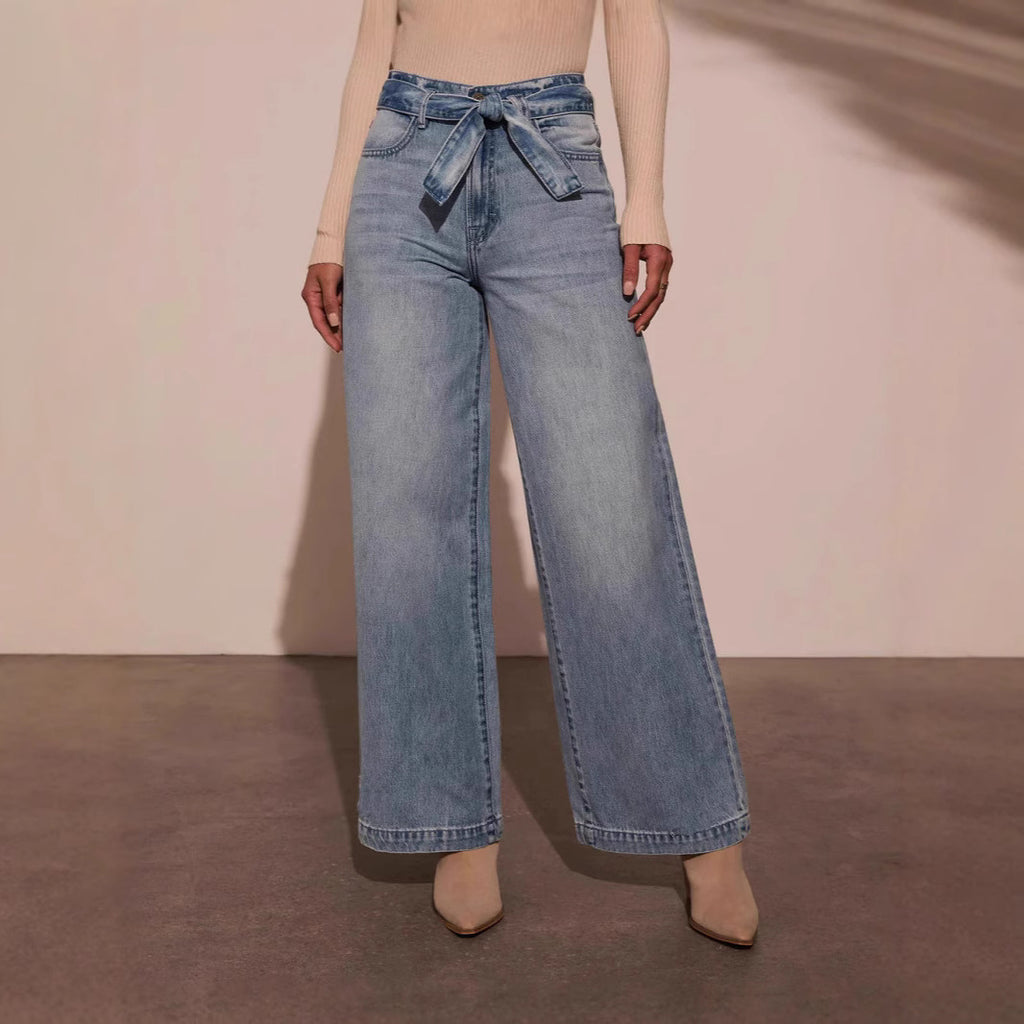 Waist Tied Washed Straight Wide Leg Jeans
