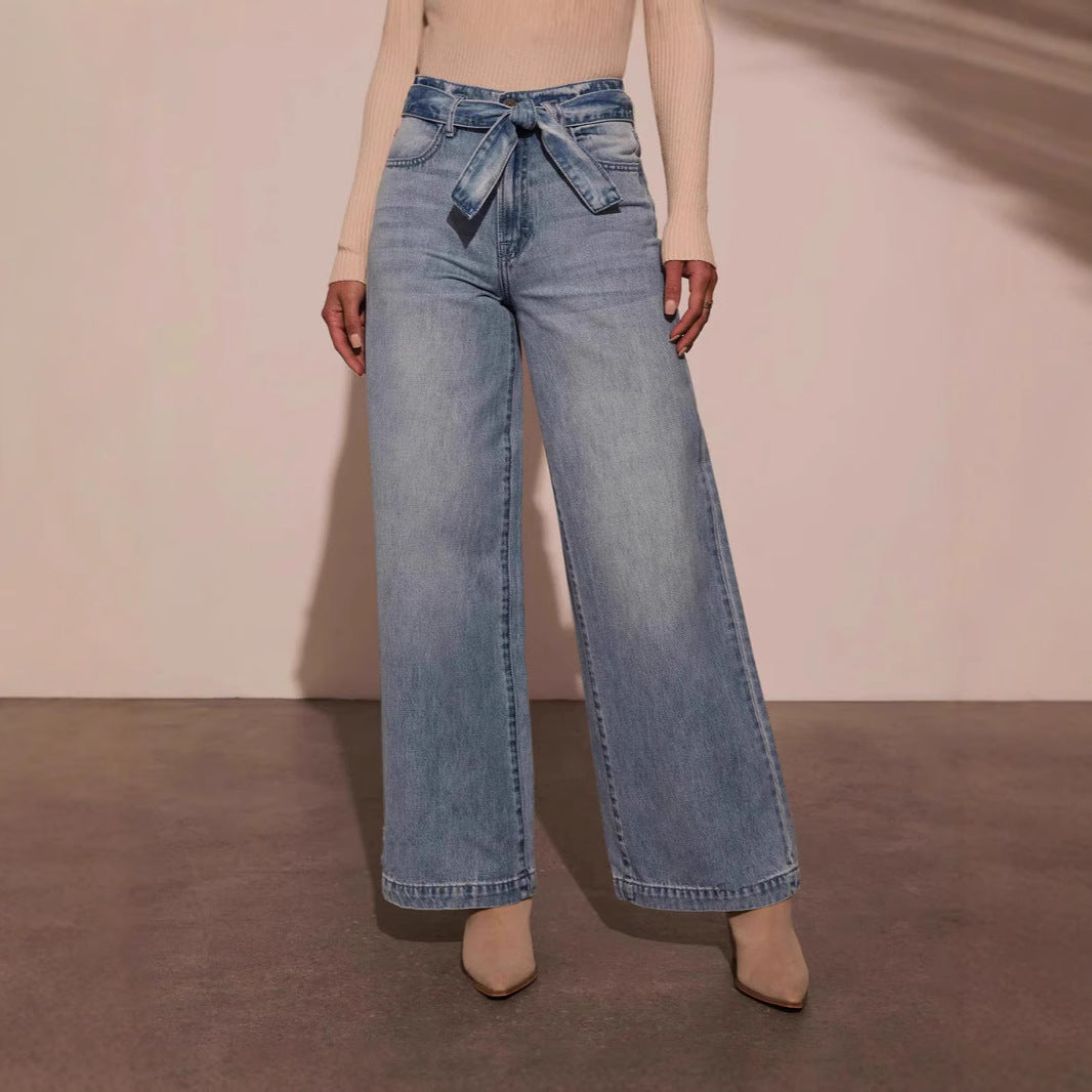 Waist Tied Washed Straight Wide Leg Jeans