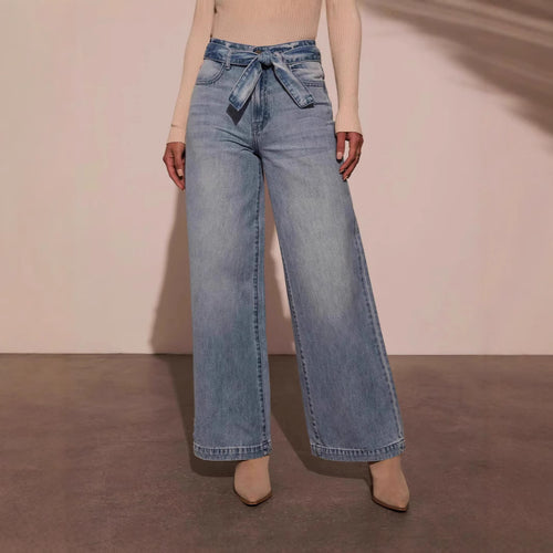 Waist Tied Washed Straight Wide Leg Jeans