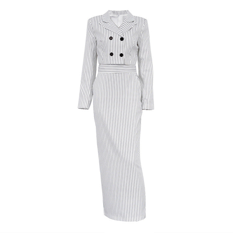 Striped Two Piece Short Blazer Skirt Set