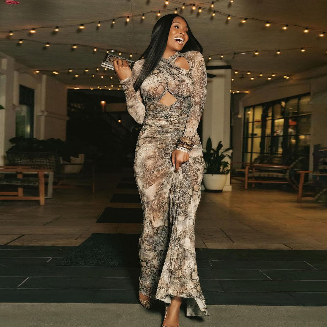 Snake Print Hollow Out Cutout Slim Sexy Jumpsuit Dress