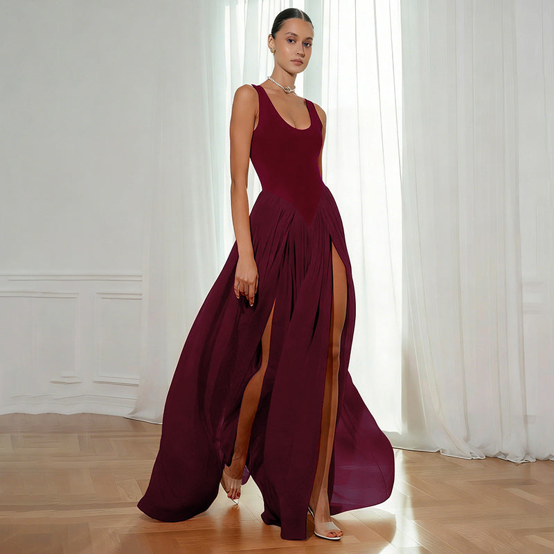 Solid Two Piece Sleeveless Chiffon Patchwork Slit Dress