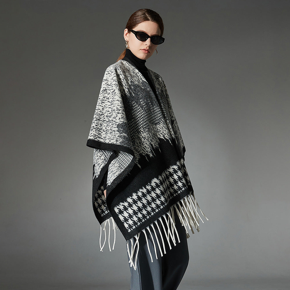 Wool Cloak Black And White Houndstooth Tassel Shawl