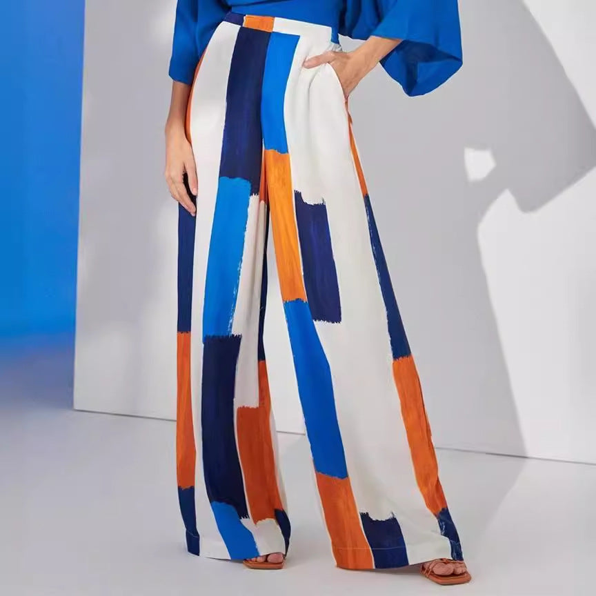 Loose Office Blue Top & High Waist Wide Leg Pants Sets