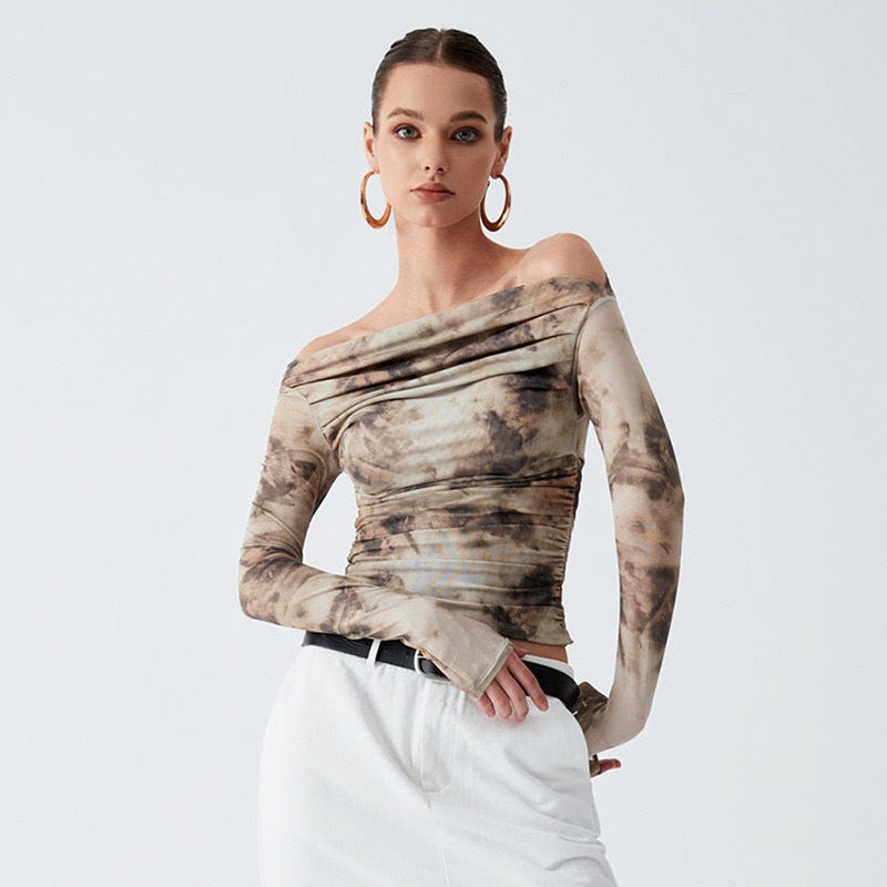 Retro 3D Printed Off Shoulder Pleated Top