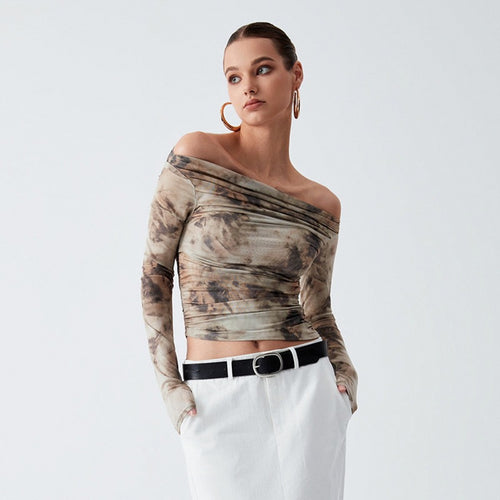 Retro 3D Printed Off Shoulder Pleated Top