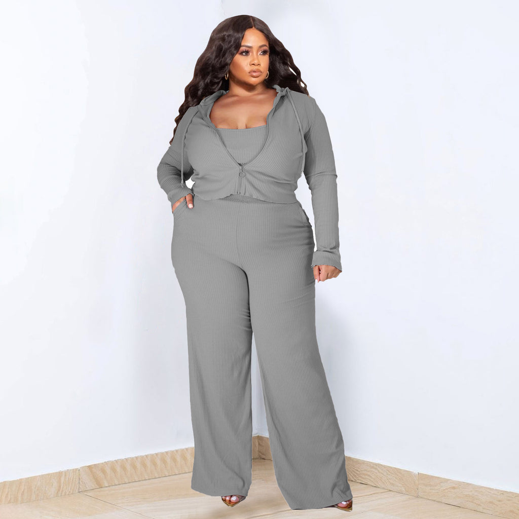 Plus Size High Elastic Sunken Stripe Three Piece Suit Sports Casual Sexy Women Clothing