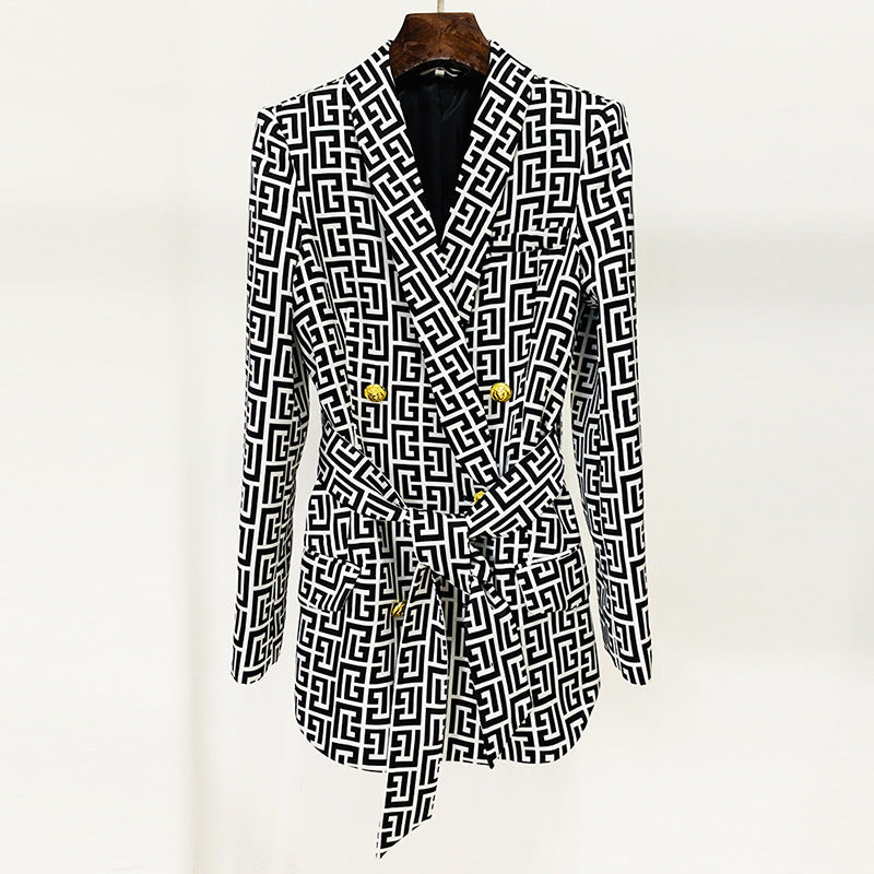 Maze Print Double Breasted Mid Length Blazer