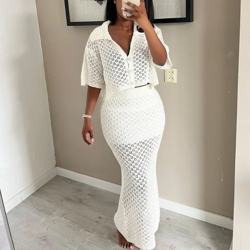 Short Sleeved Cardigan Hollow Out Cutout out Top Slim Fit Long Knitted Skirt Sun Proof Beach Skirt