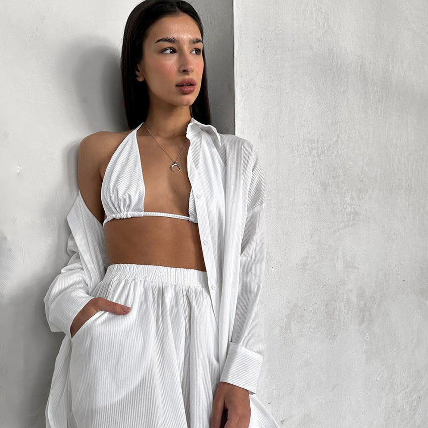 Cotton Shorts Shirt Three Piece Pajama Set