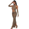 Women Clothing Sexy Lace-up Halter Cut out Leopard Print Dress Bare Back Sexy Dress