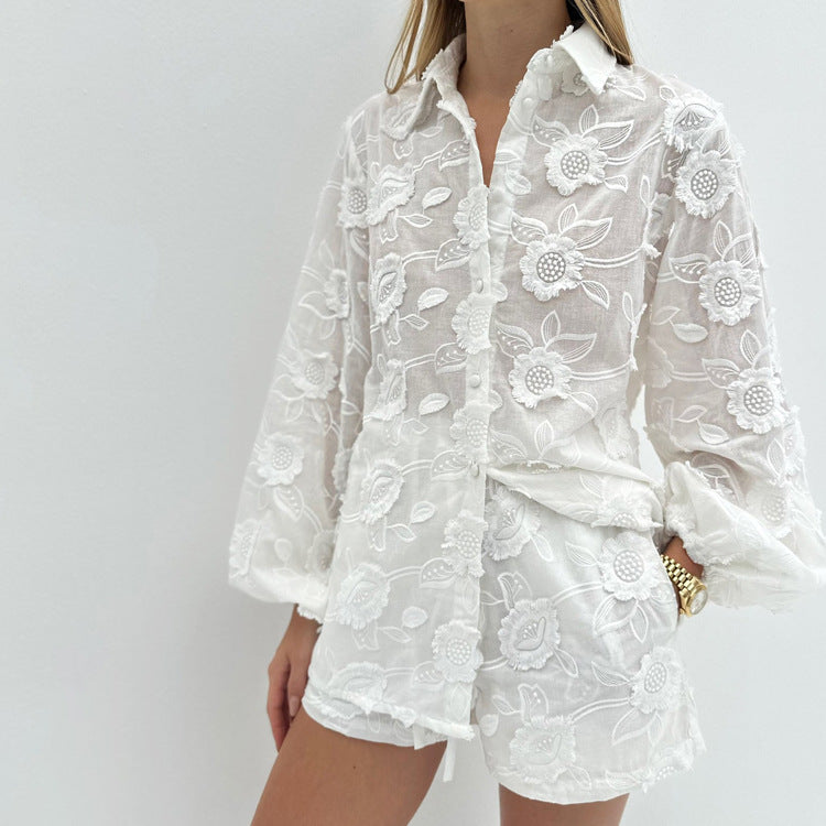 Cotton Embroidered High Waist Shorts Set