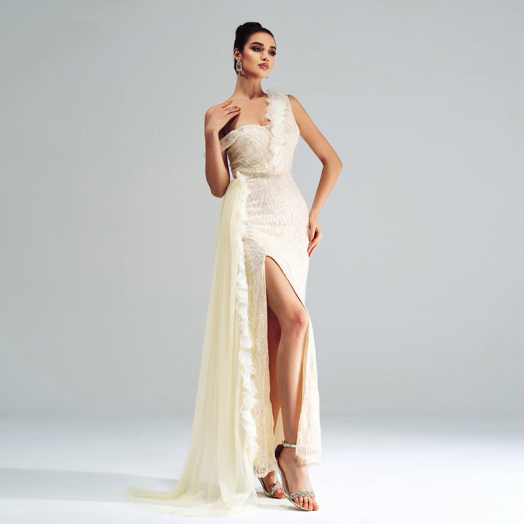 One Shoulder Sheath Sequined Split Wedding Dress