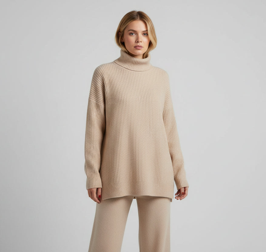 Woman in a beige outfit crossing a street