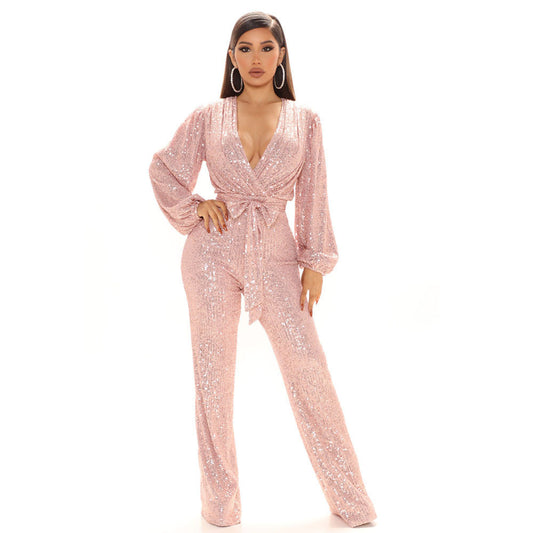 Deep V-neck Sequins Jumpsuit