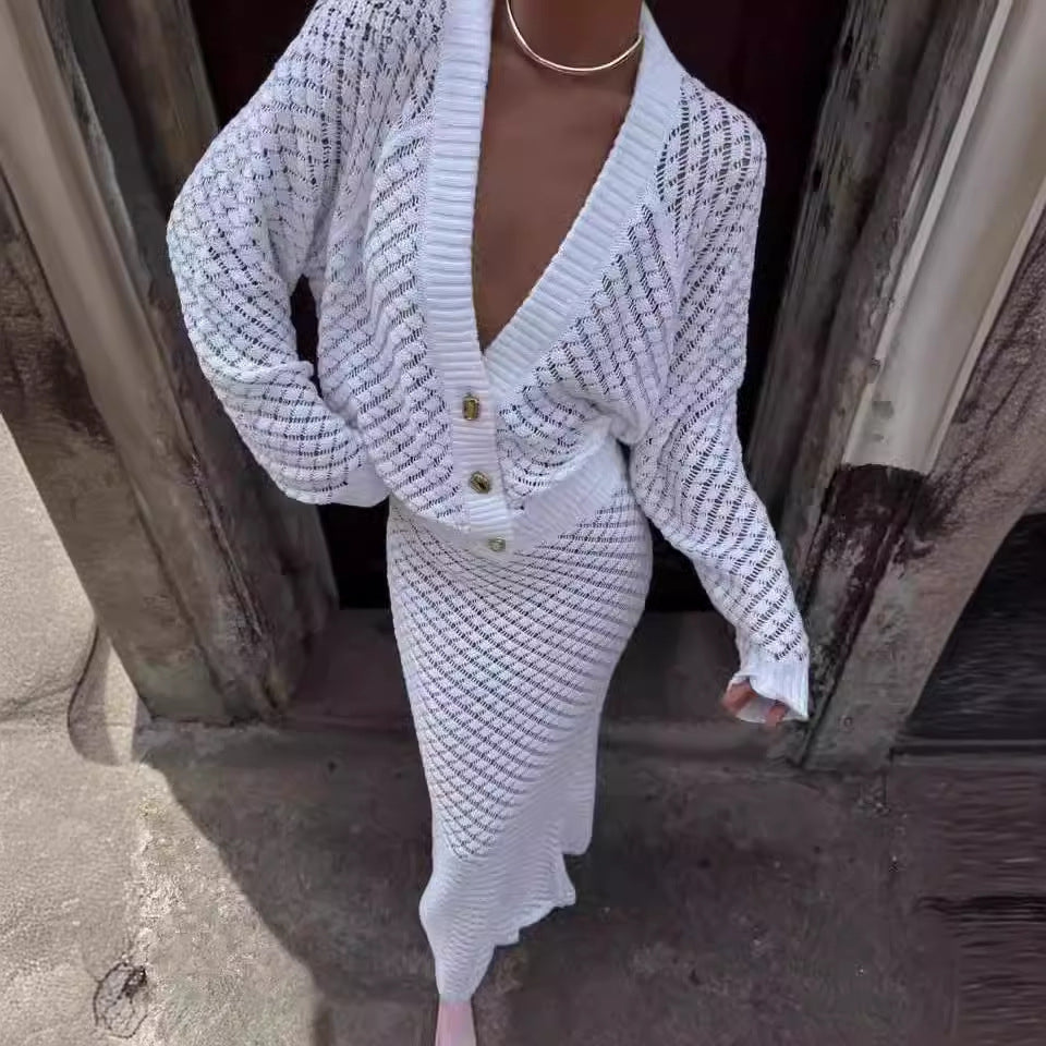 Pure White Knitted Maxi Skirts Set