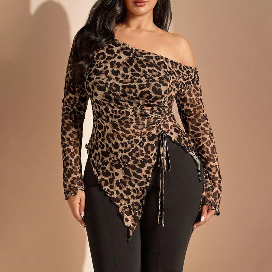 Curve off Shoulder Asymmetric Leopard Print Drawstring Top
