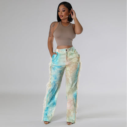 Printed Tassel Straight Casual Pants