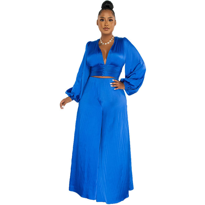 Pleated V-neck Top & Wide Leg Pants Sets