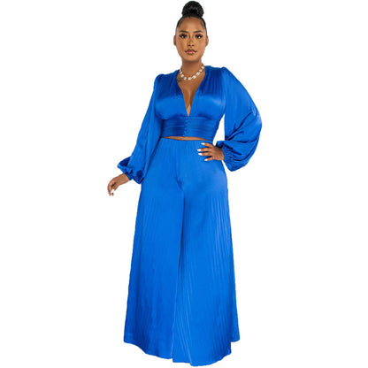 Pleated V-neck Top & Wide Leg Pants Sets