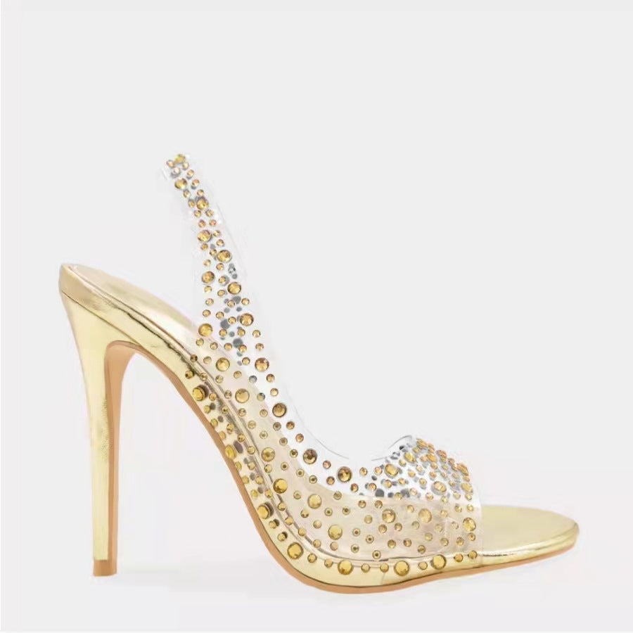 Peep Toe Rhinestone Stiletto Heel Slippers