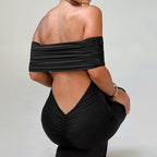 Black Off Shoulder Backless Pleated Dress