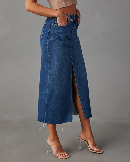 Split Denim Skirt High Waist Wash A Line Skirt Mid Length Skirt Women