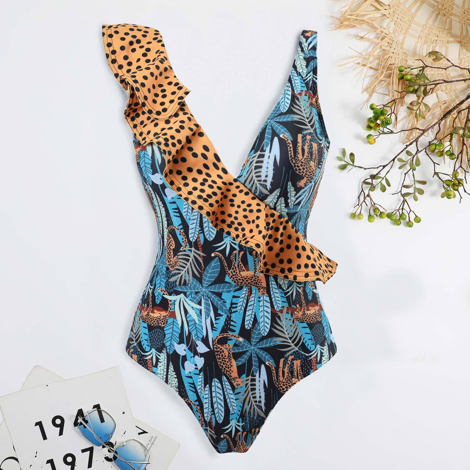 Leopard Print Ruffle Swimwear Bikini Chiffon Swimsuit