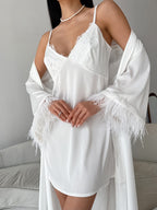 Satin Feather Sleeve Nightgown Nightdress Set