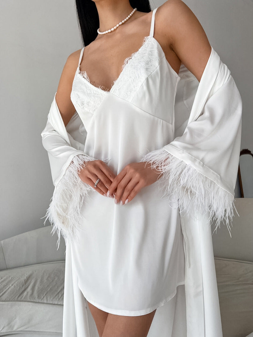 Satin Feather Sleeve Nightgown Nightdress Set