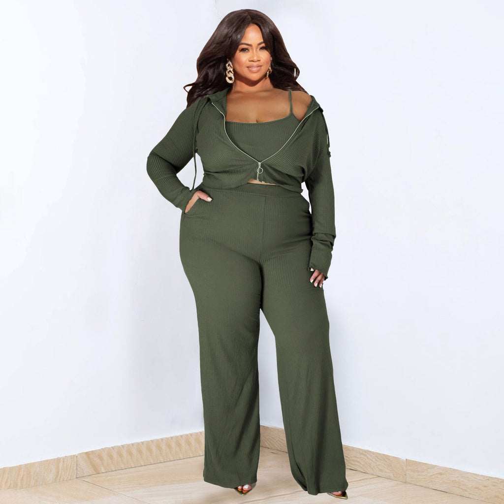 Plus Size High Elastic Sunken Stripe Three Piece Suit Sports Casual Sexy Women Clothing