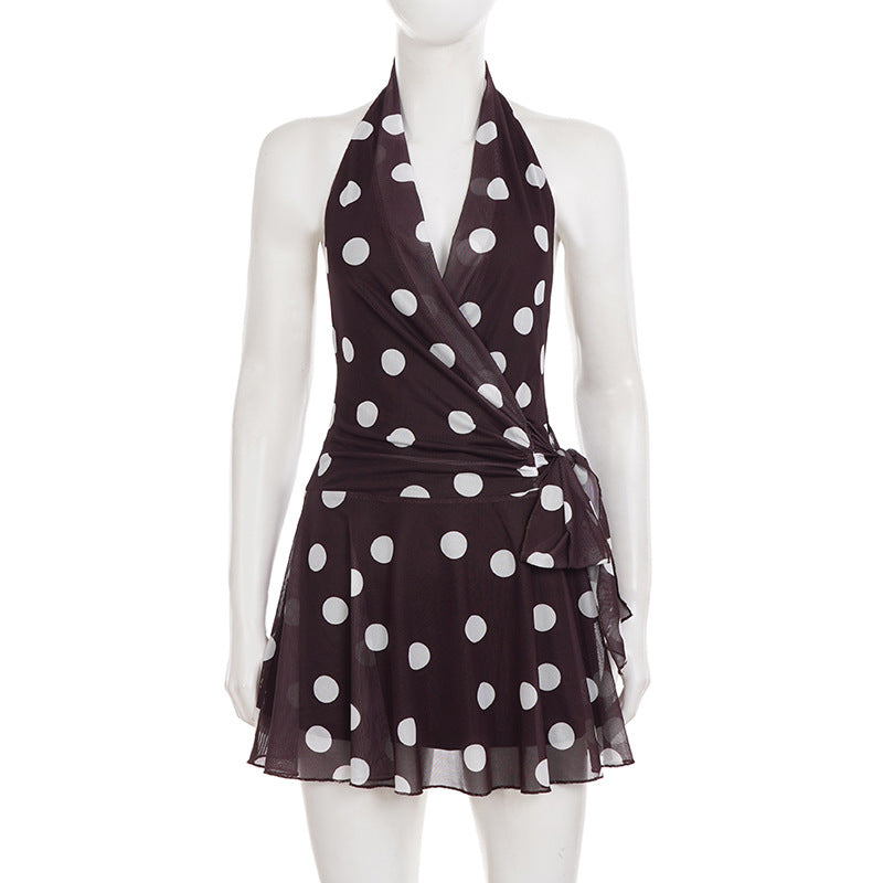 Retro Polka Dot Deep V Plunge Backless Vacation Dress
