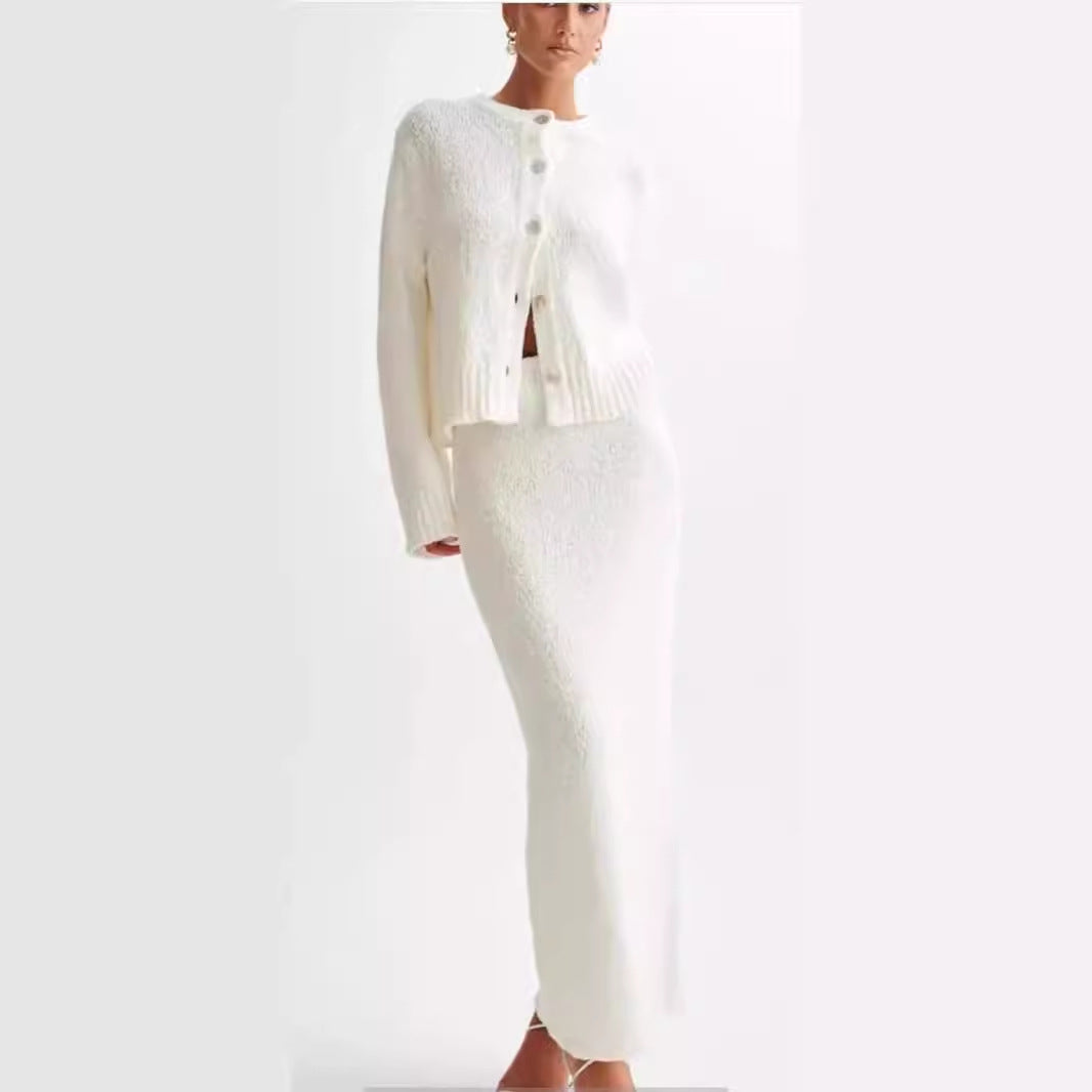 Elegant White  Knitted Slimming Skirt Suit