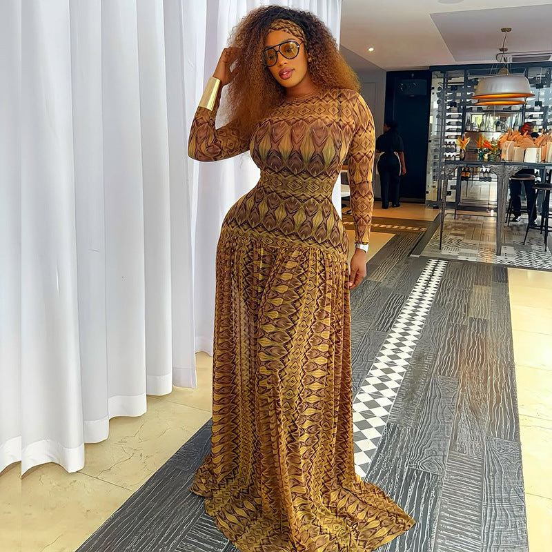 Elegant Retro Printing Micro A line Sheer Dress