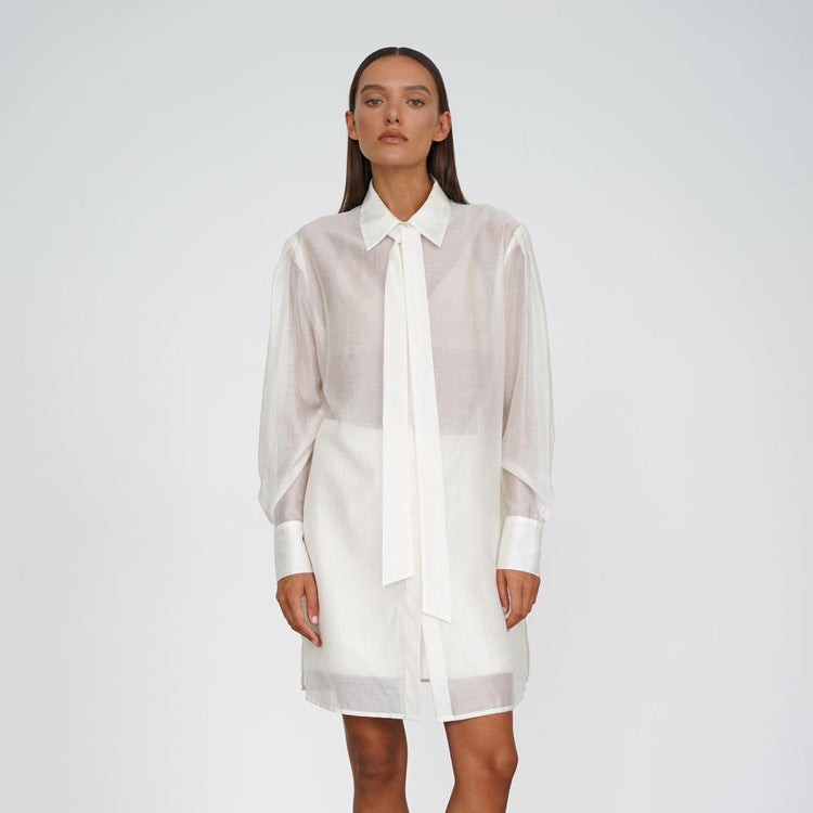 All Matching Turn down Collar Long Sleeve Loose Tie Blouse