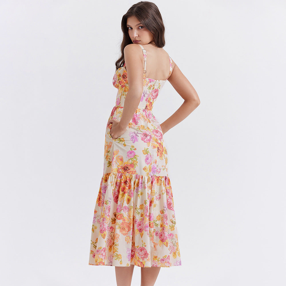 Summer Sweet Floral Midi Backless Dress