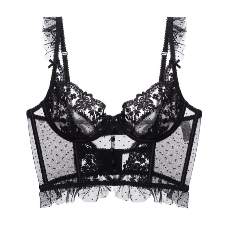 French Push up Beauty Back Polka Dot Embroidered Lace Bra & Panties Set