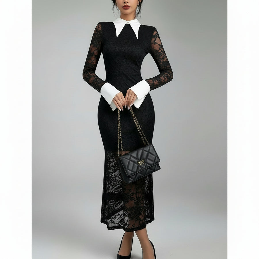 Black White Collared Office Lace Maxi Dress