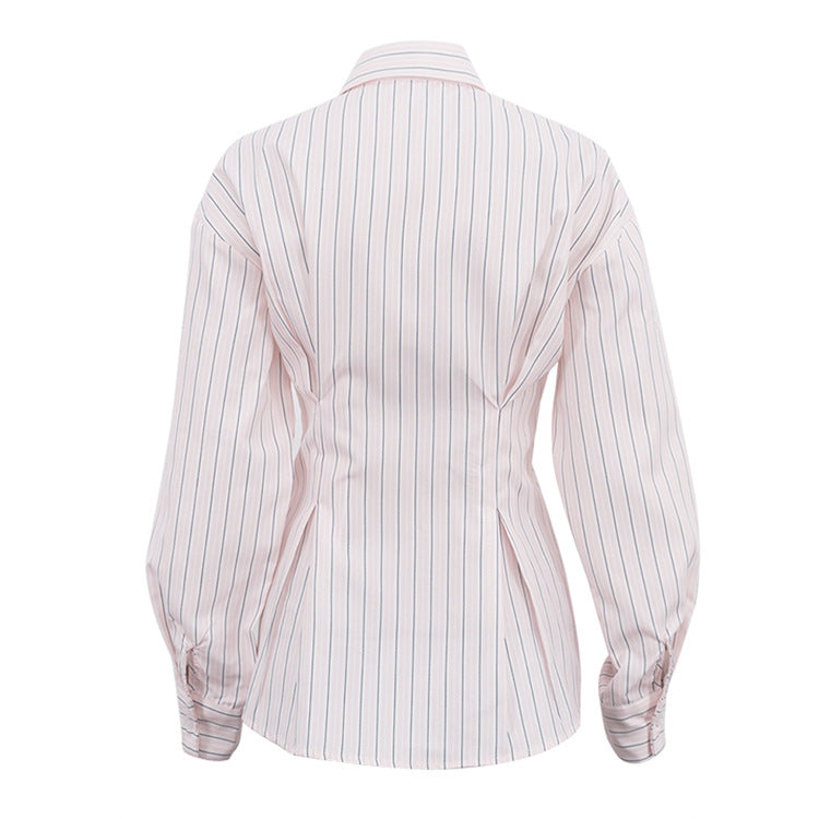 Long Sleeve Tie Cinched Striped Blouse
