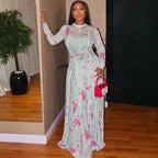 Pleated Floral A line Long Sleeve Dress