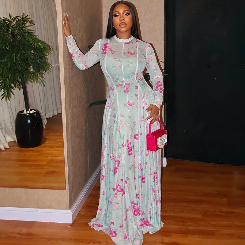 Pleated Floral A line Long Sleeve Dress