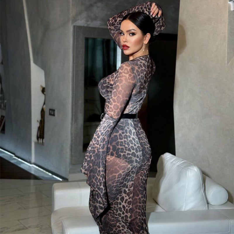 Printed Leopard Print Slim Fit Sheath Fishtail Dress