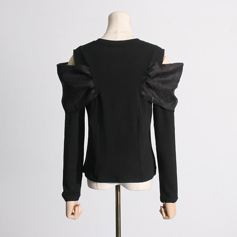 Patchwork Black Bow off Shoulder Top