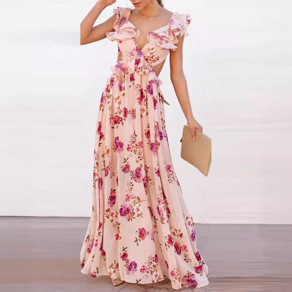 Floral Printing off the Shoulder Backless Maxi Dress