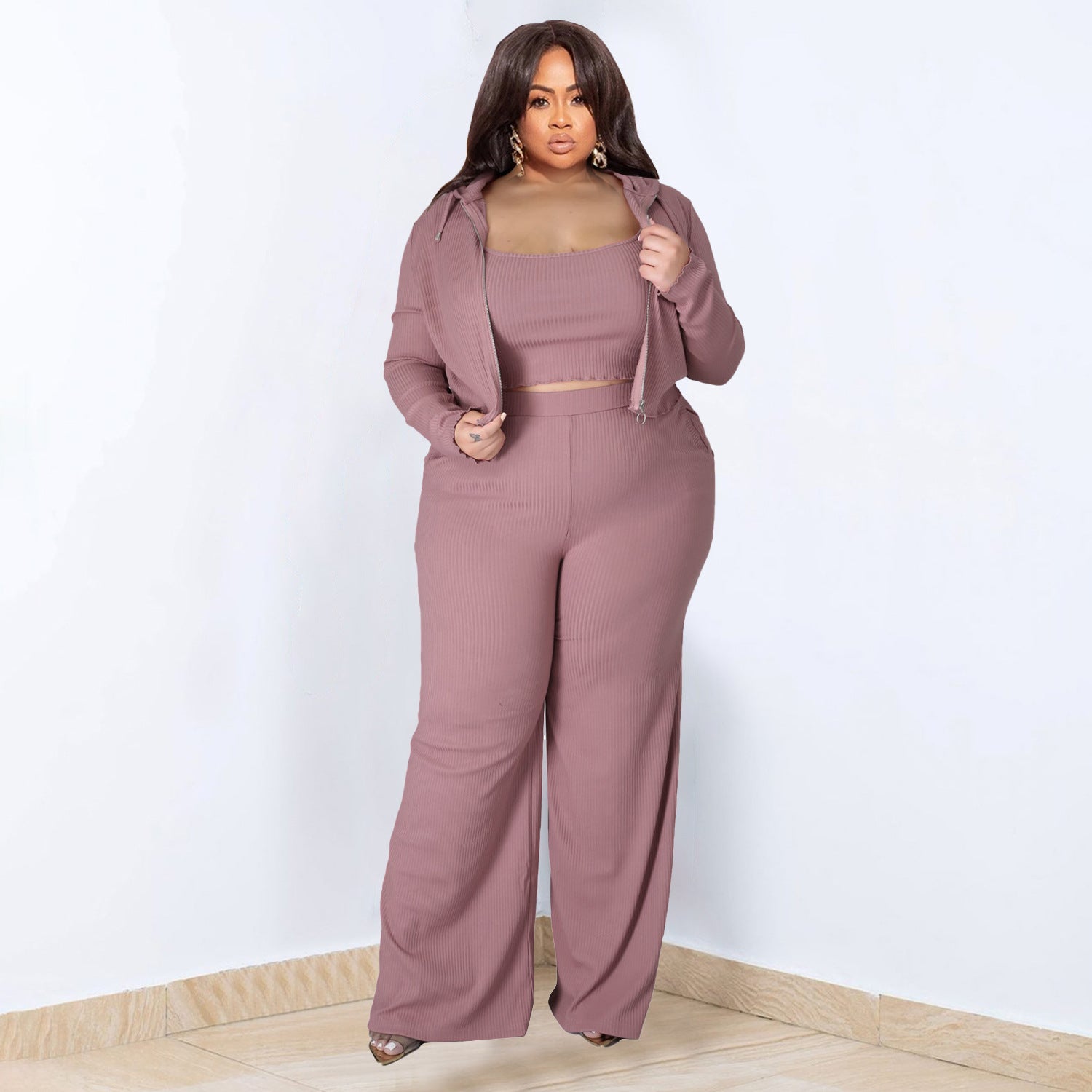 Plus Size High Elastic Sunken Stripe Three Piece Suit Sports Casual Sexy Women Clothing