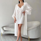 Satin Feather Sleeve Nightgown Nightdress Set