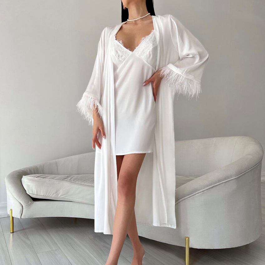 Satin Feather Sleeve Nightgown Nightdress Set