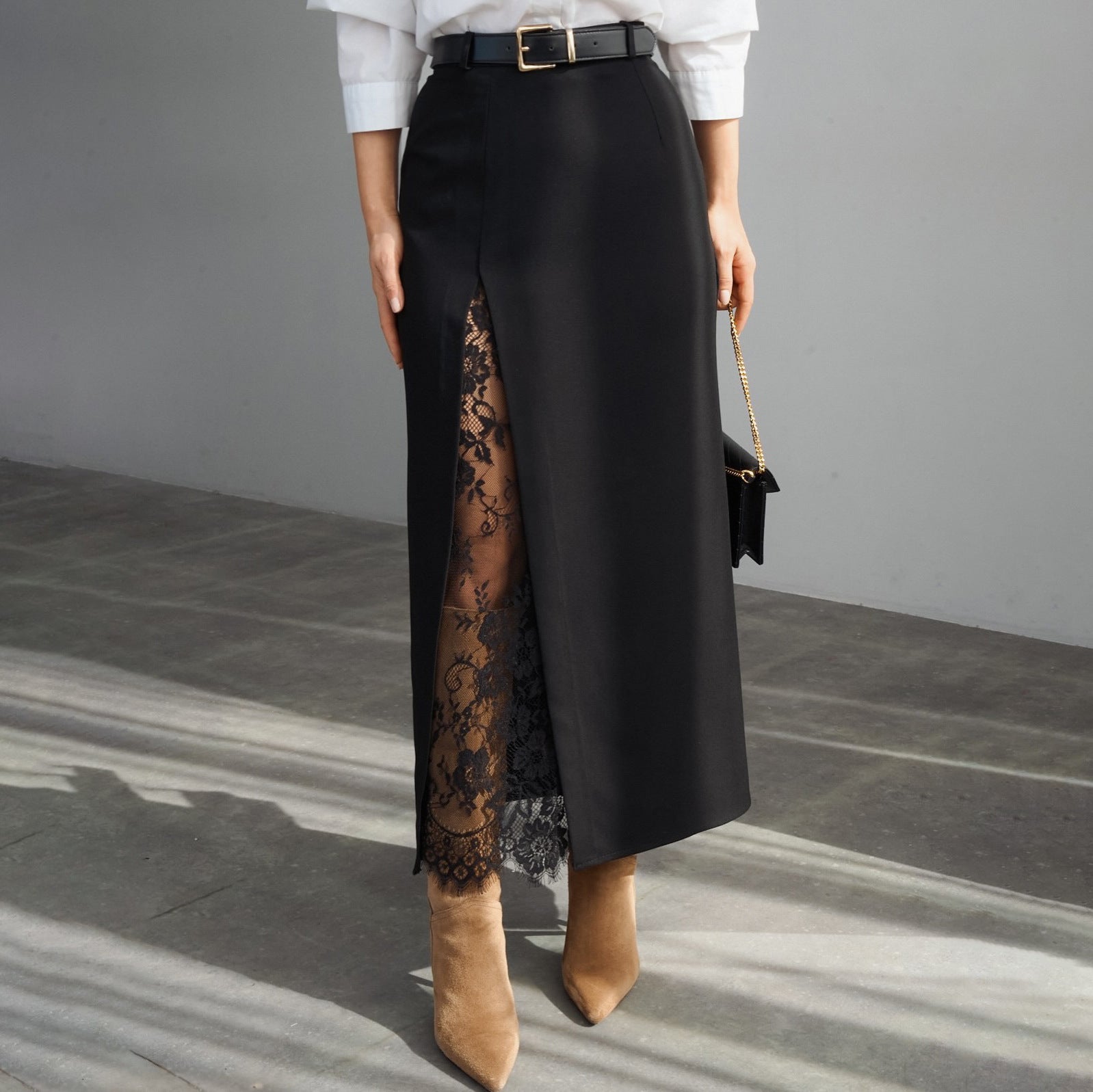 Summer Side Slit Stitching Lace Sexy See through Skirt All Matching Elegant Graceful Women Commuting Wear（Without belt）