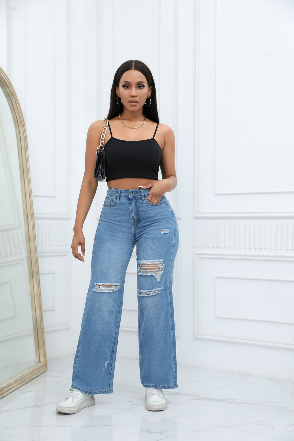 Washed Hole Wide Leg Jeans