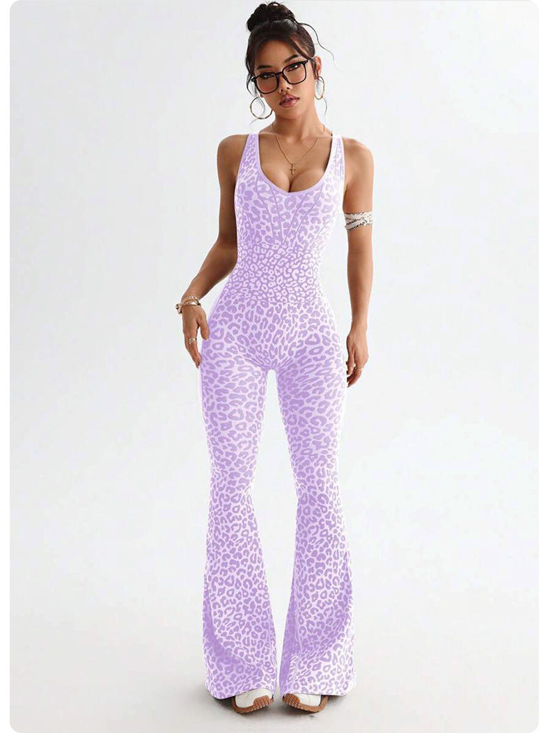 Leopard Print Cross Beauty Back Fitness Jumpsuit